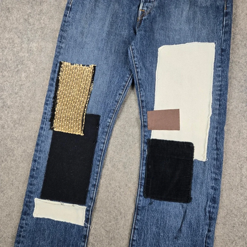 Levi 501 Jeans Mens 32x34 Blue Denim Patchwork Button Fly Straight Leg